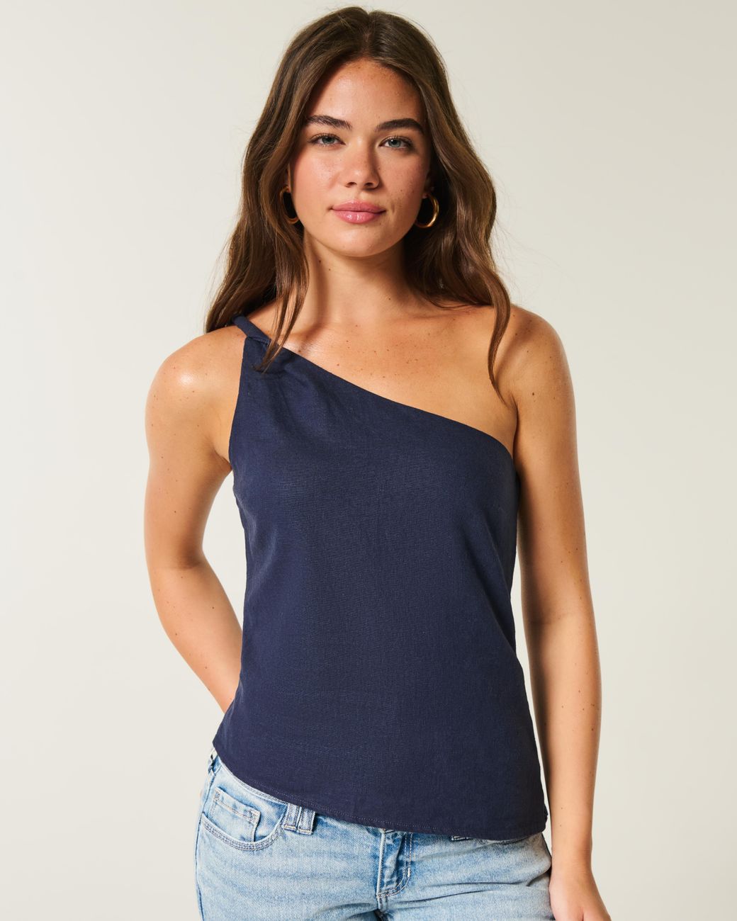 Hollister Blue Linen-blend One-shoulder Top