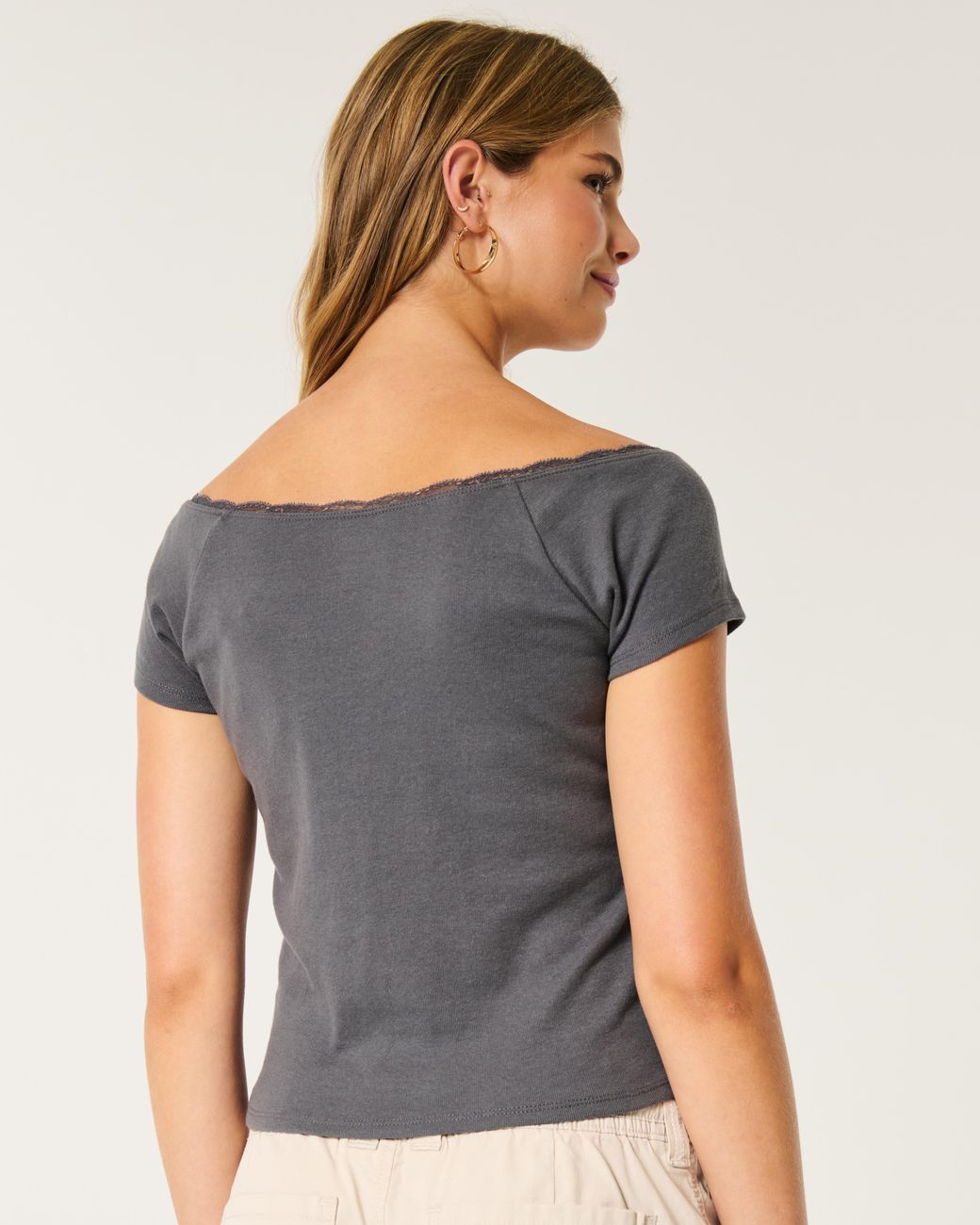 Hollister Off-the-shoulder Lace Trim Top in Grey | Lyst UK