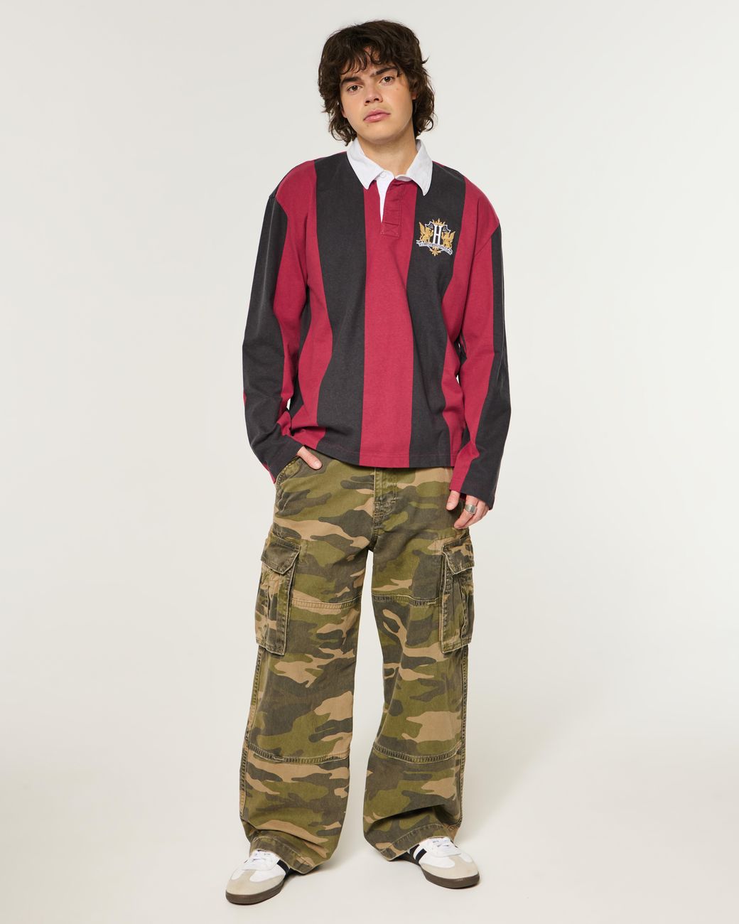 Hollister Red Boxy Long-sleeve Logo Graphic Rugby Polo for men