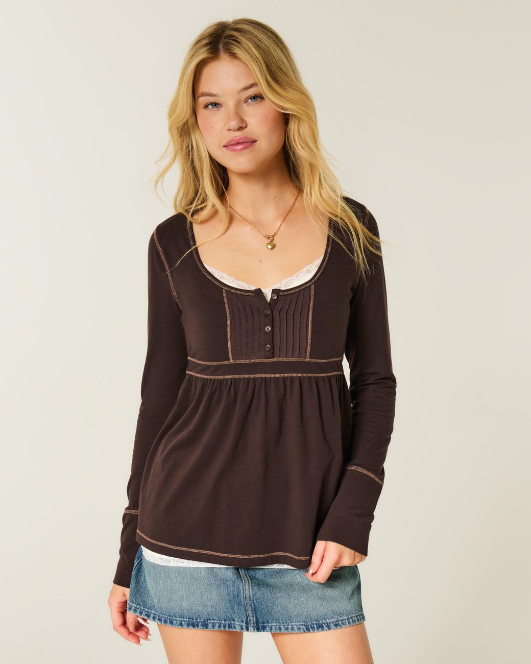Hollister Brown Long-sleeve Henley Babydoll Top