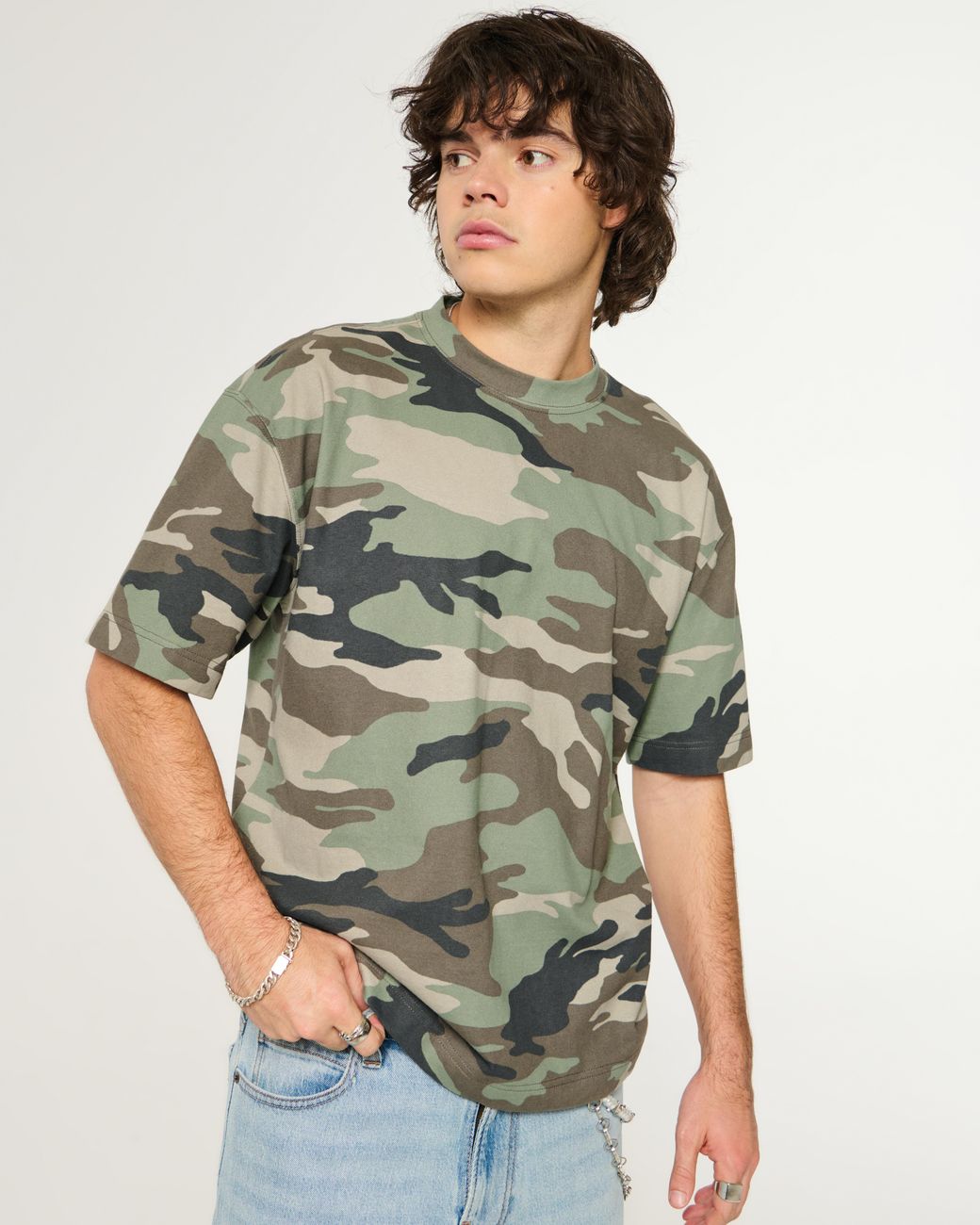 Hollister Gray Boxy Heavyweight Cotton Camo Crew T-shirt for men