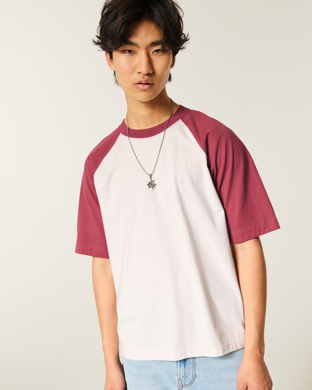 Hollister White Boxy Heavyweight Cotton Raglan Crew T-shirt for men