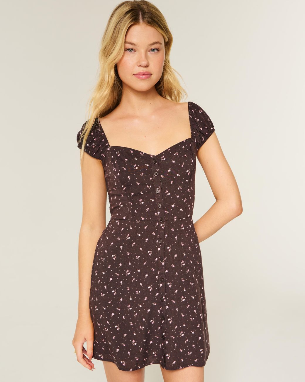 Hollister Brown Short-sleeve Button Front Mini Dress