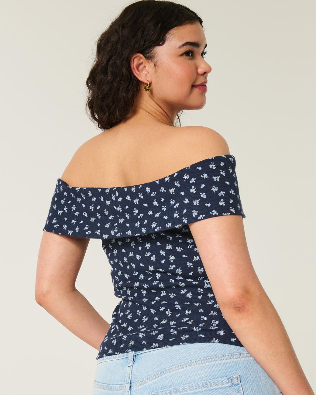 Hollister Blue Ribbed Off-the-shoulder Foldover Top