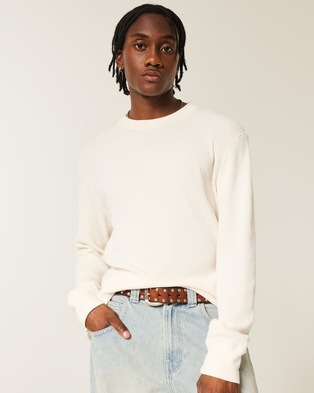 Hollister White Relaxed Thermal Long-sleeve Crew Shirt for men