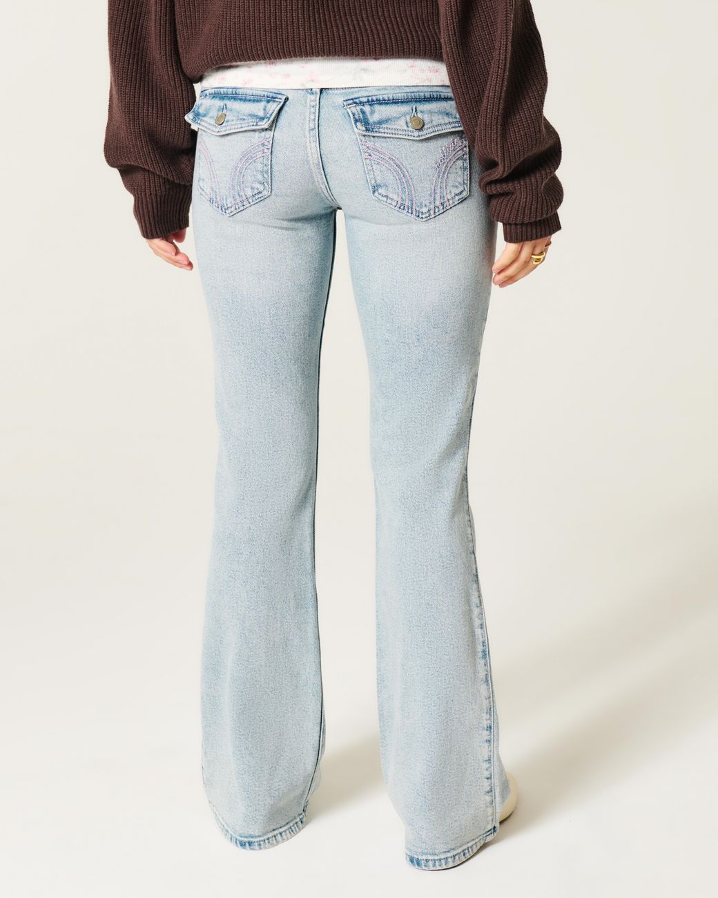 Hollister Blue Low-rise Light Wash Pink Embroidery Bootcut Jeans