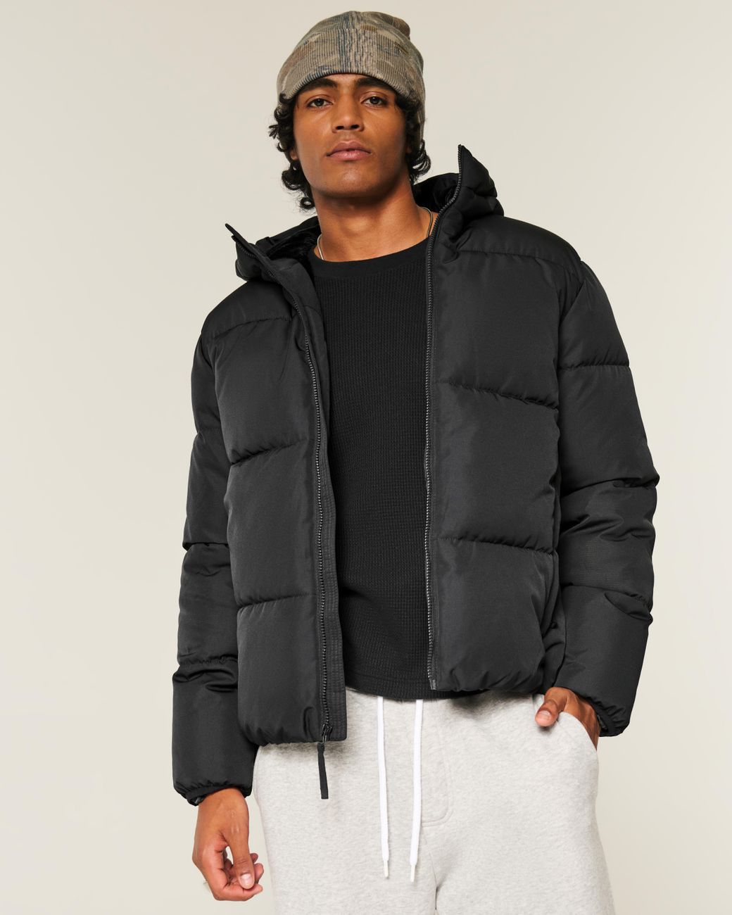 Hollister Black Faux Fur-lined Puffer Jacket for men