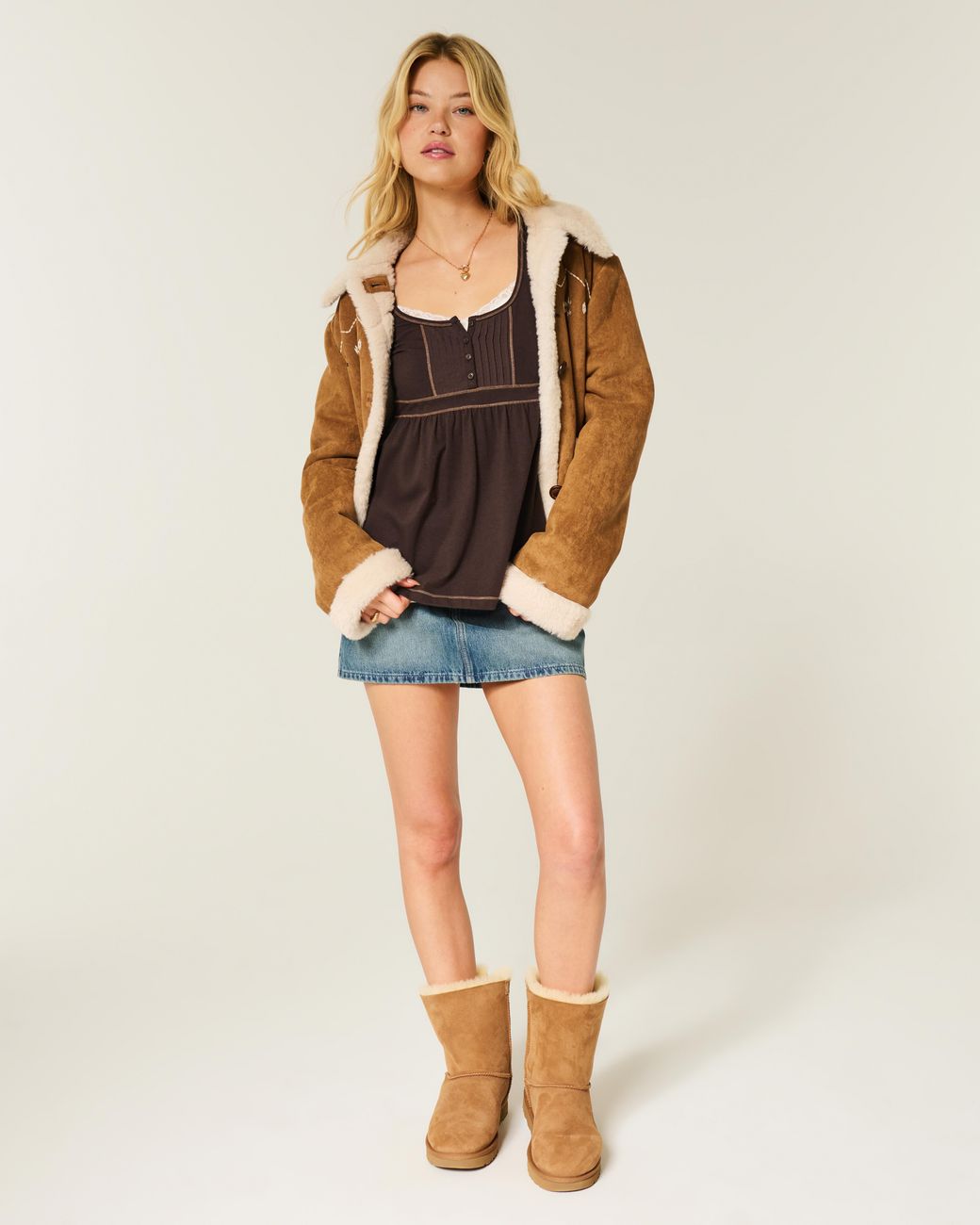 Hollister Brown Long-sleeve Henley Babydoll Top