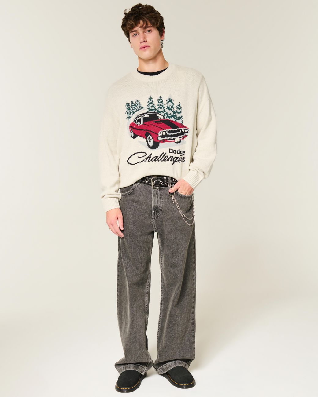 Hollister White Boxy Dodge Challenger Graphic Crew Sweater for men
