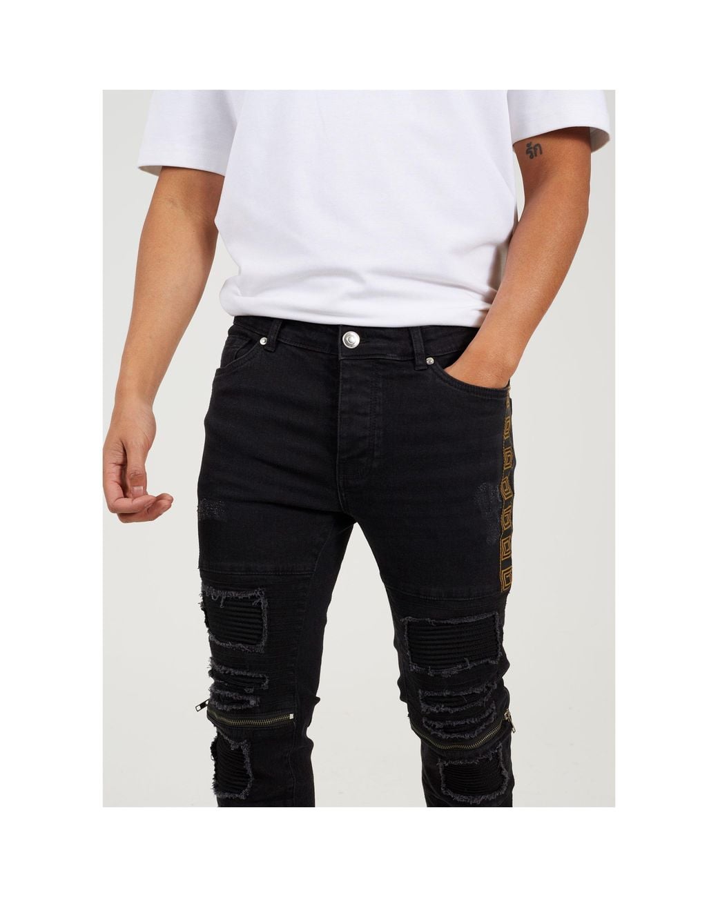 Brave Soul Gray Bike Jean With Multi Stitch Detail And Zips for men