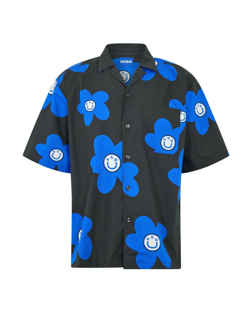 HUGO Blue Patterned Collared Short Sleeve Shirt for men