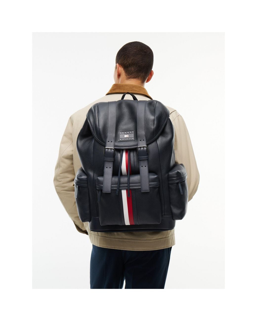 Tommy Hilfiger Blue Signature Stripe Leather Backpack
