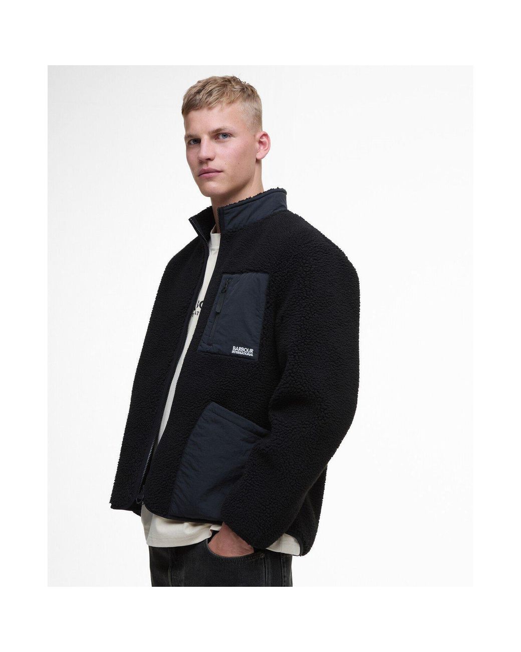 Barbour Black Adams Oversized Funnel Neck Long Sleeve Teddy Coat for men