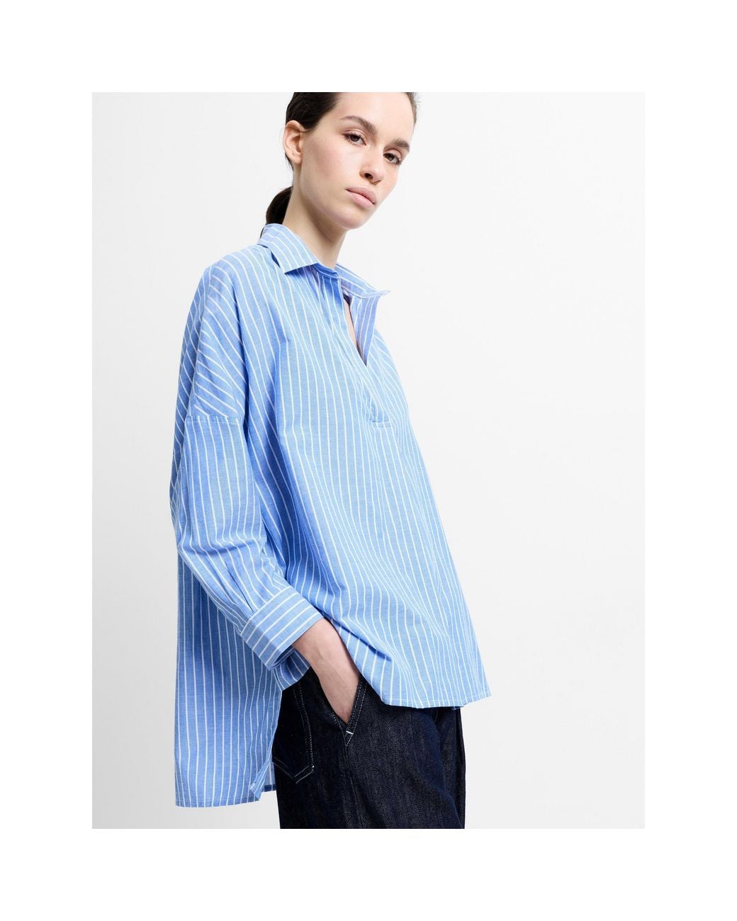 French Connection Blue Rhodes Pop Cotton Long-Sleeve Oversized-Fit Blouse