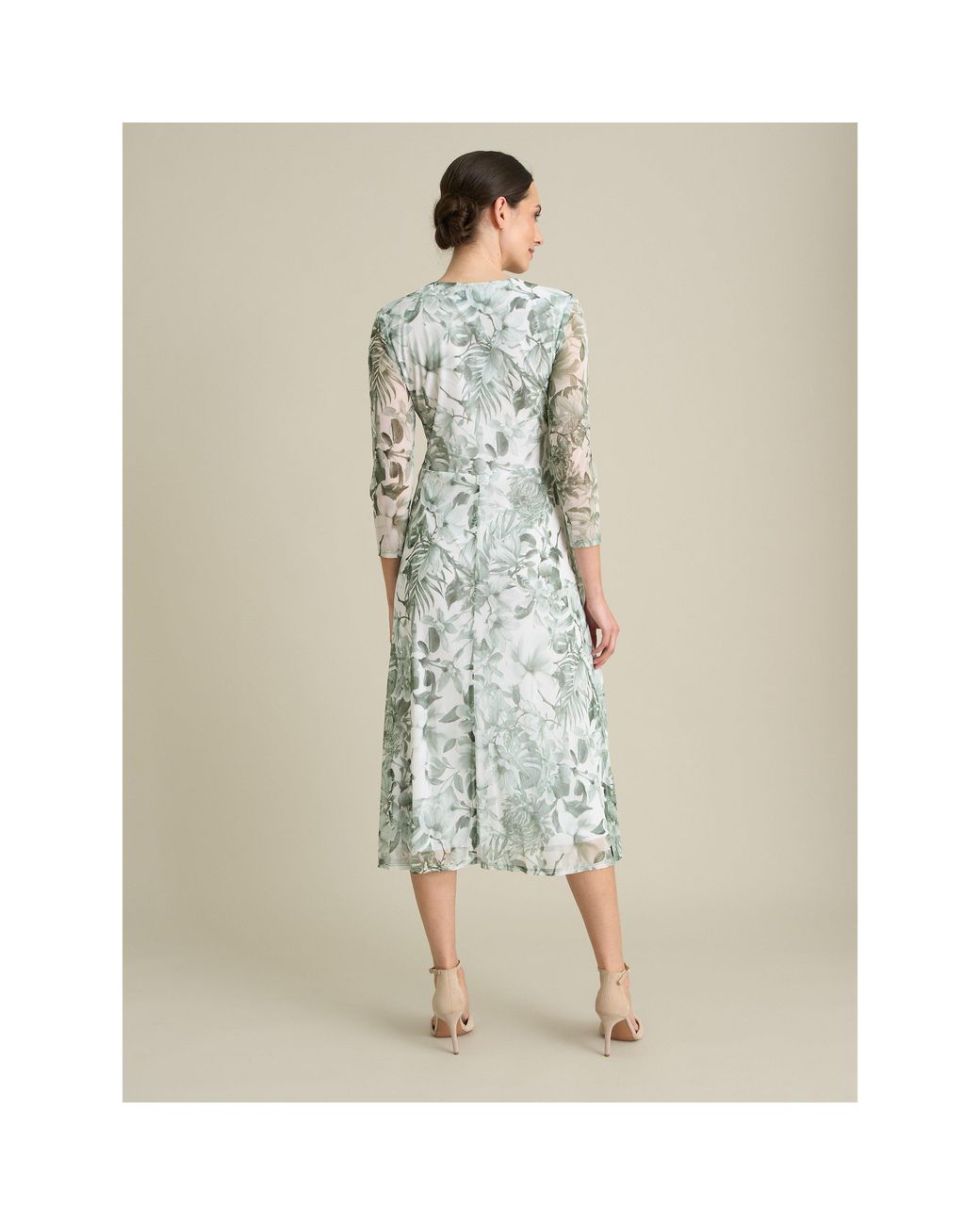 Gina Bacconi Natural Nancie Floral Mesh Faux Wrap Dress