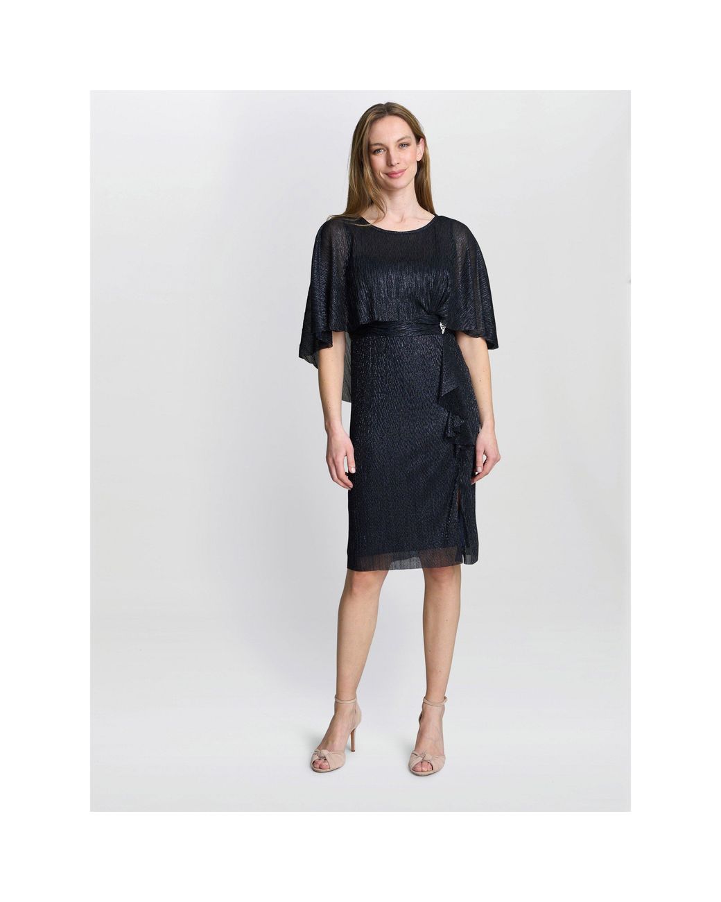 Gina Bacconi Blue Sonya Pleated Dress With Brooch