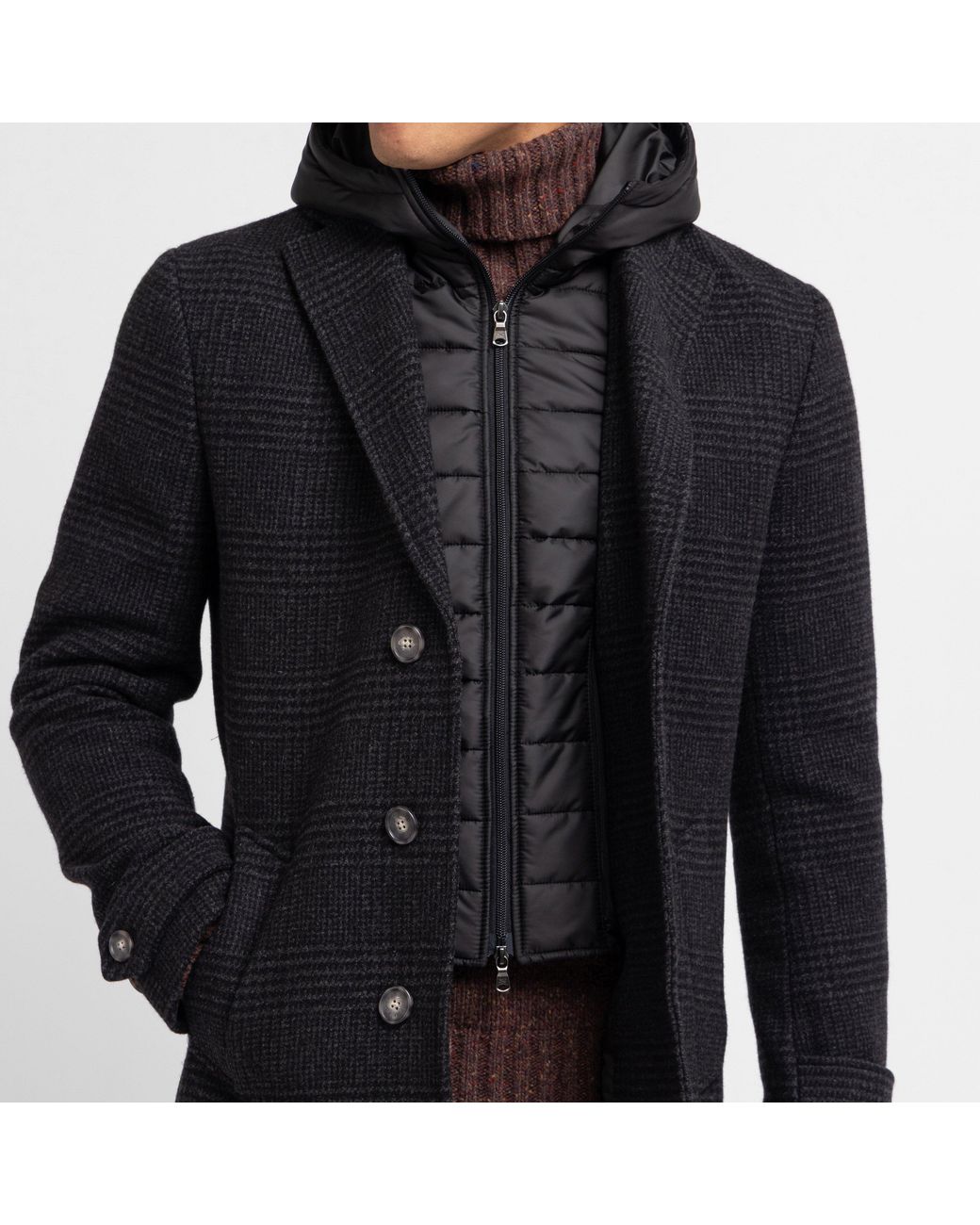 Eden Park Black Dark Prince Of Wales Pattern Wool Coat for men