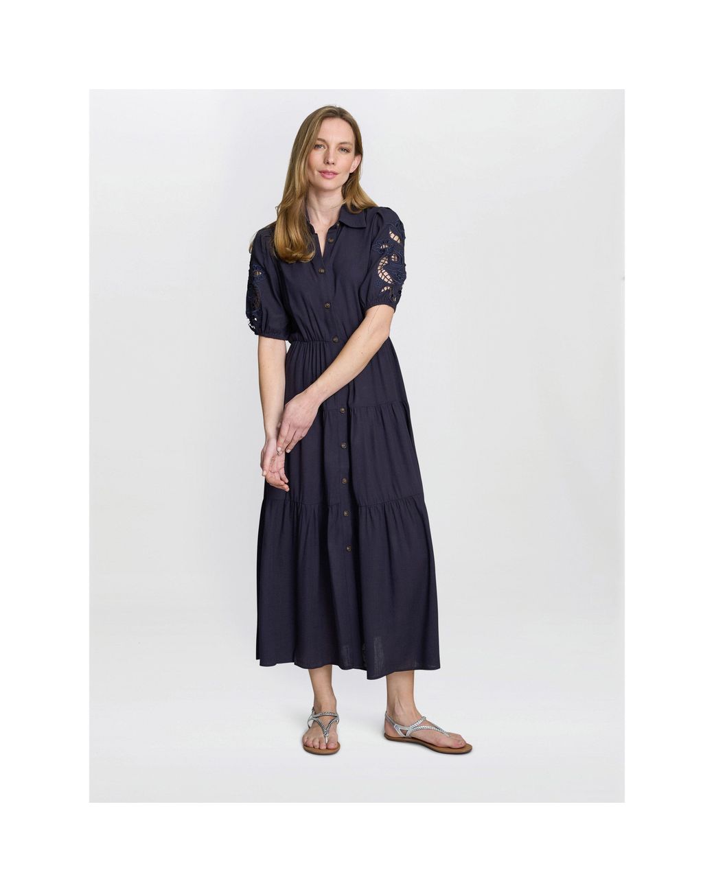Gina Bacconi Blue Carey Puff Sleeve A-Line Dress