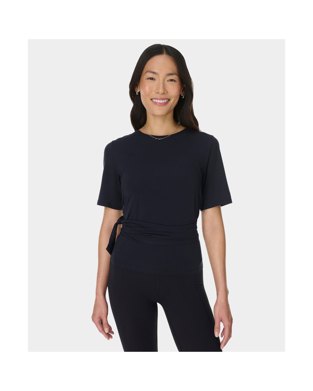 Sweaty Betty Blue Soft Flow Wrap Short Sleeve Performance Gym Top