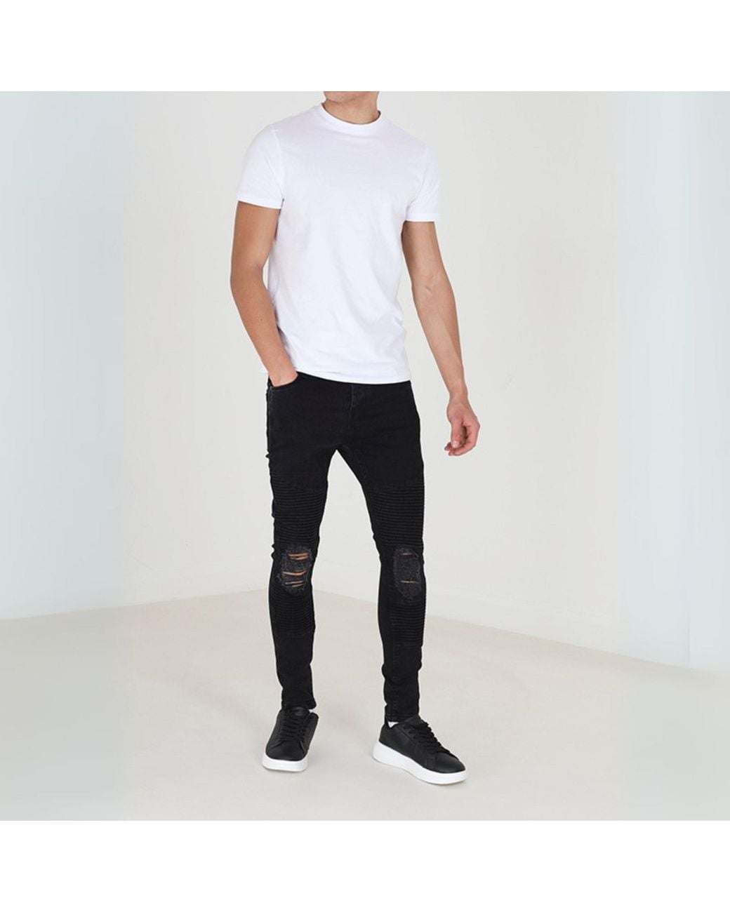 Brave Soul Black Wash Biker Jeans With Stitch Detail for men