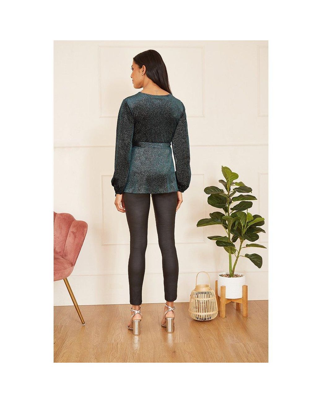 Yumi' Green Sparkle Velvet Wrap Top