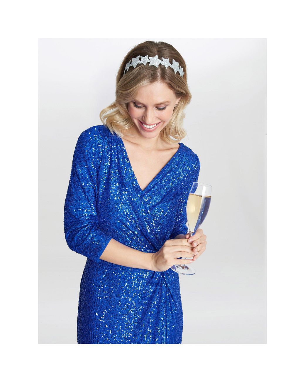 Gina Bacconi Blue Jacynda Sequin 3/4 Sleeve Wrap Dress