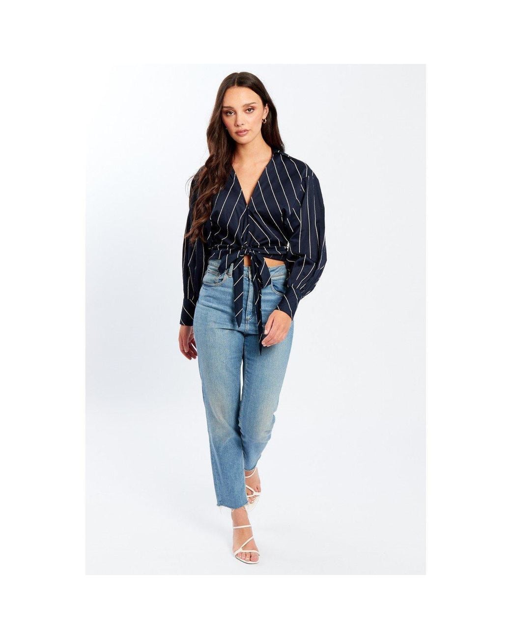 Influence Blue Tie Front Long-Sleeve Patterned Shirt
