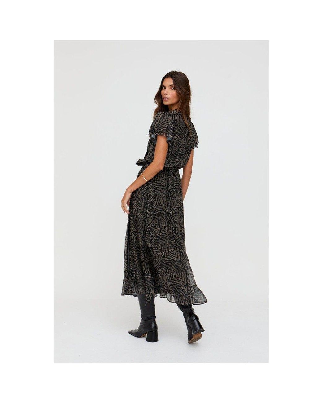 Lily and Lionel Black Devina Ruffle Detail Zebra Print Maxi Dress