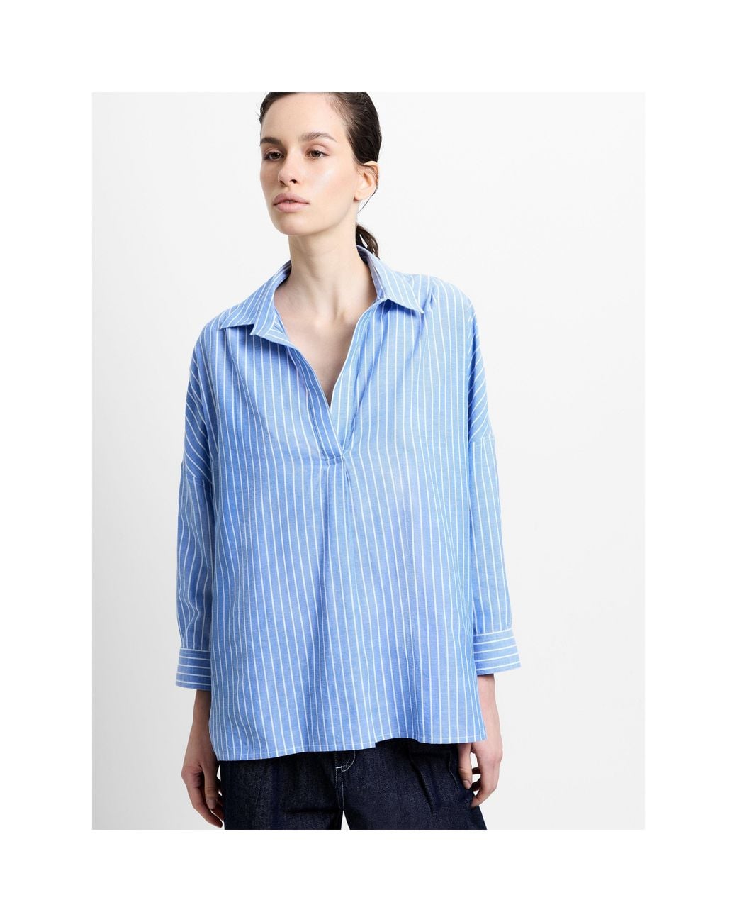 French Connection Blue Rhodes Pop Cotton Long-Sleeve Oversized-Fit Blouse