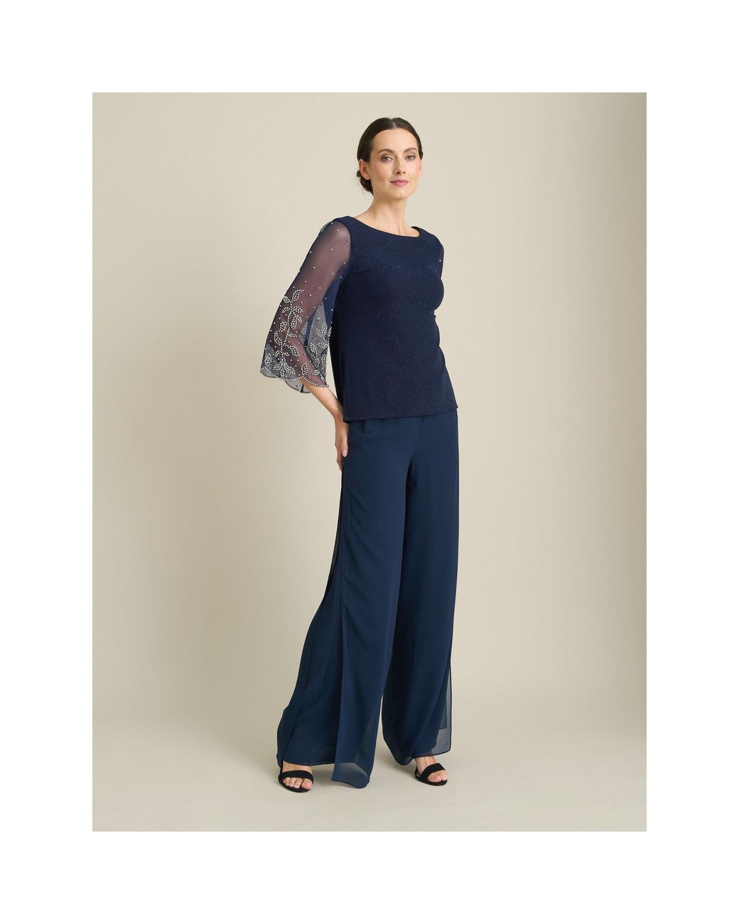 Gina Bacconi Blue Tilly Embellished Sheer Sleeve Top