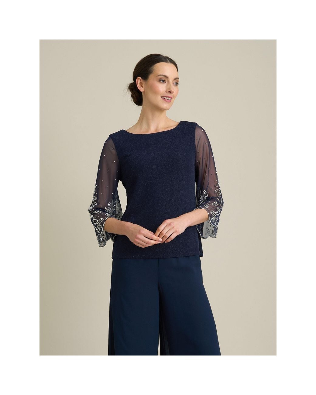 Gina Bacconi Blue Tilly Embellished Sheer Sleeve Top