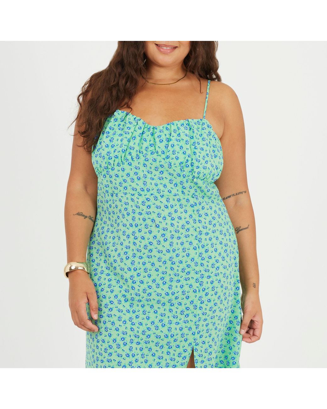 Brave Soul Green Bs Plus Size Strappy Floral Midi Dress With Split Detail