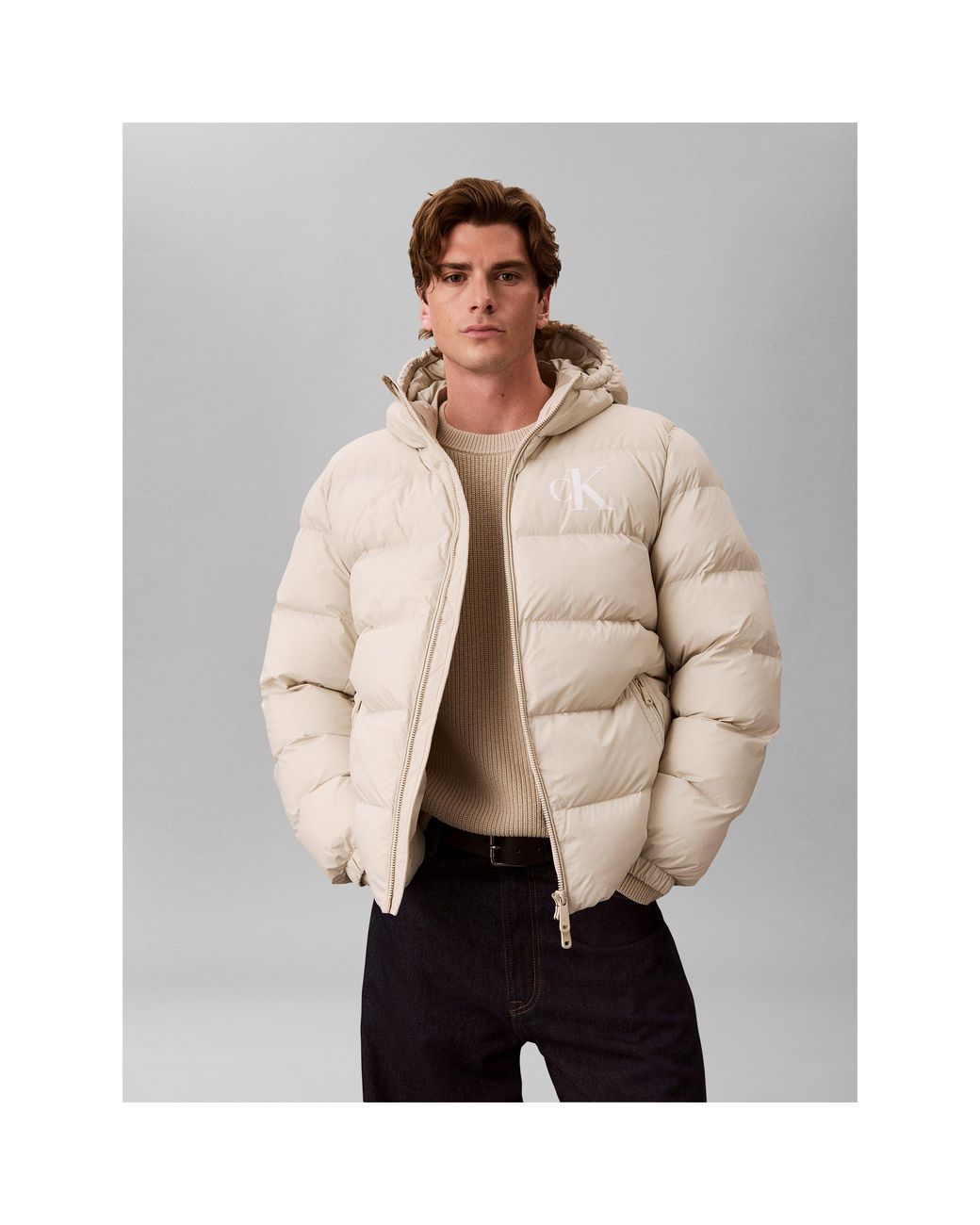 Calvin Klein Natural Hooded Full-Zip Water-Resistant Short Puffer Jacket for men