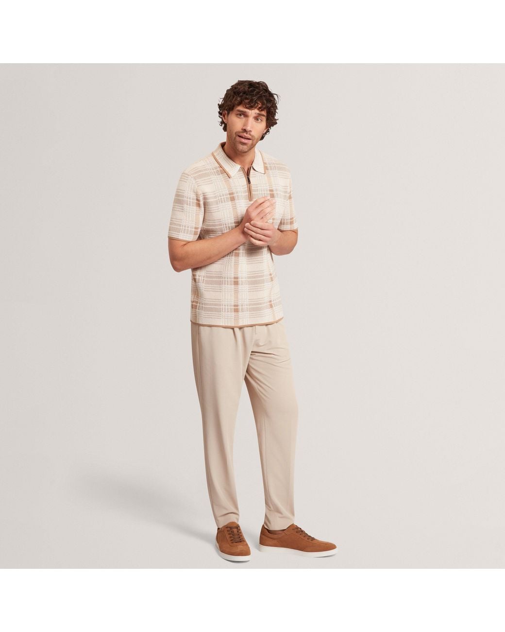 Ted Baker Natural Checked Zip Neck Cotton Knit Polo for men