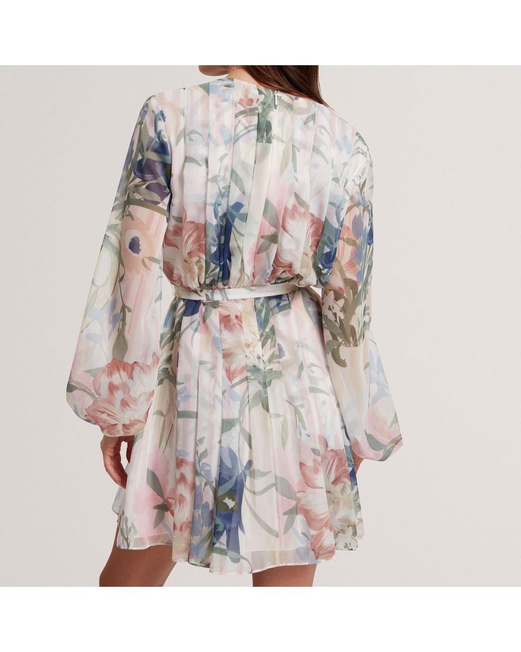 Ted Baker Pink Floral Pleated Long Sleeve Mini Dress