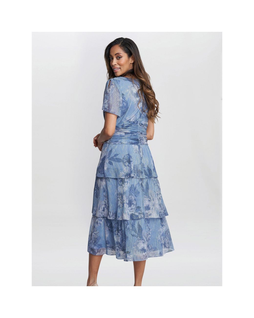 Gina Bacconi Blue Cherie Midi Printed Metallic Tier Dress