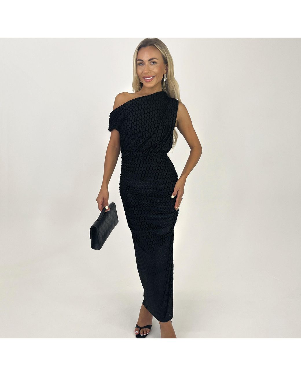 AX Paris Blue Velvet Pattern Off The Shoulder Draped Top Midi Dress