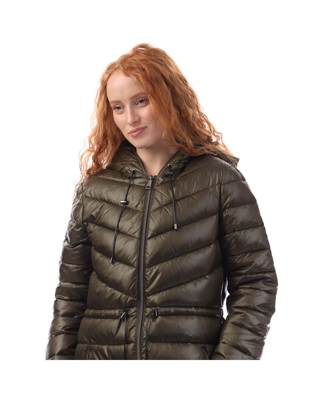 DKNY Brown Zip Front Puffer Jacket With Cinched Waist
