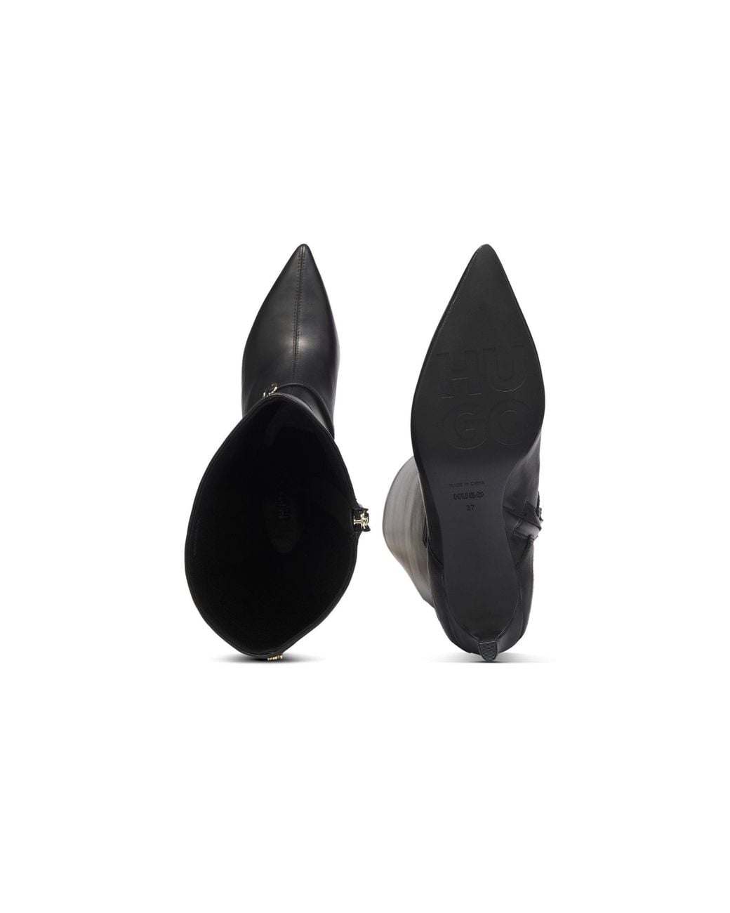 HUGO Black Knee-High Stiletto Boots With Metal Logo Details (Devany)