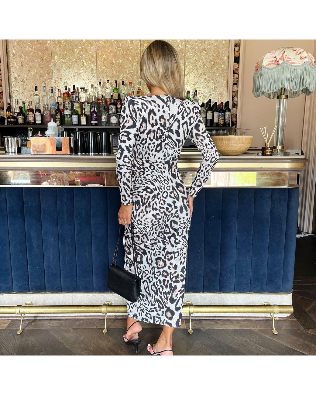AX Paris Blue Leopard Print Long Sleeve V Neck Knot Drape Midi Dress