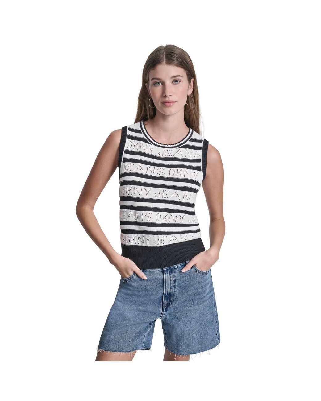 DKNY Blue Jeans Logo Pointelle Striped Sleeveless Sweater