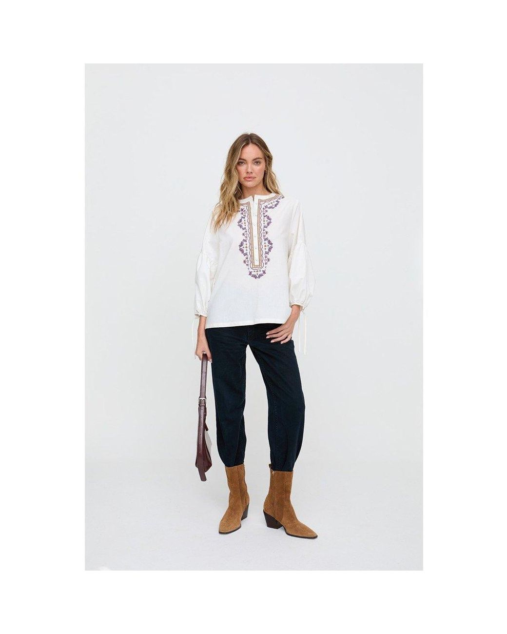 Raffya White Anai Half Placket Embroidered Blouse