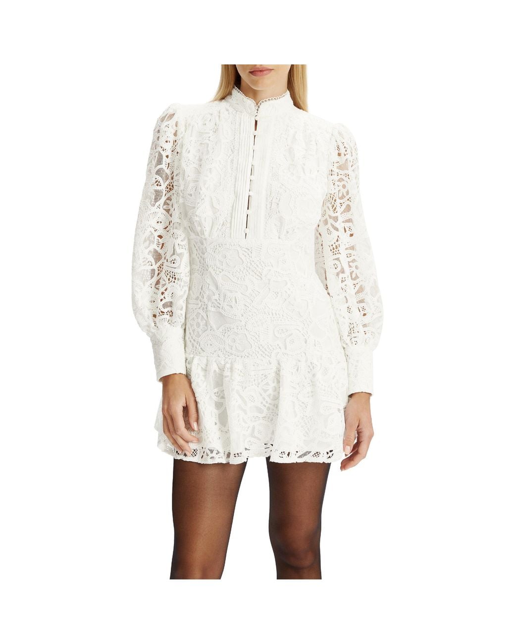 Bardot Natural Remy Lace Long Sleeve Mandarin Collar Mini Dress