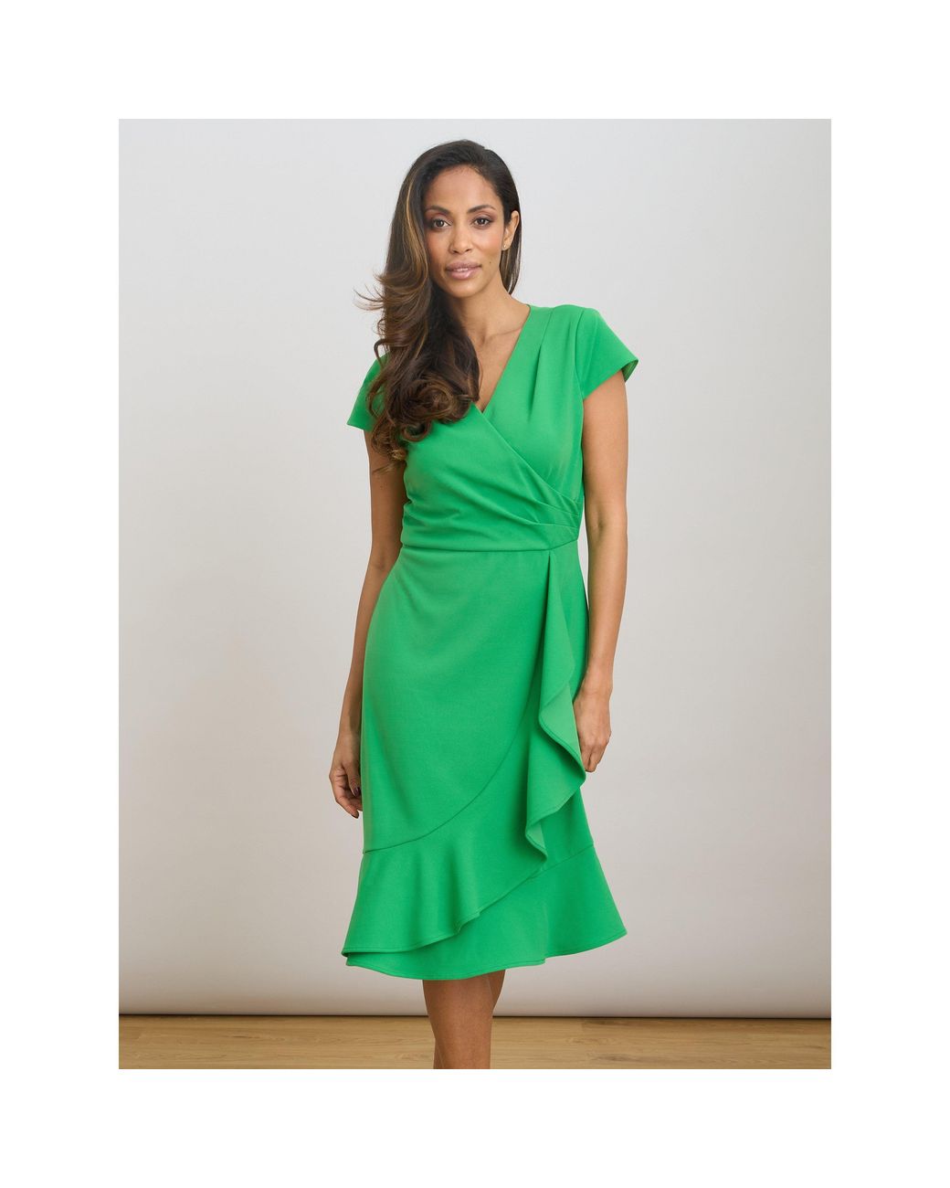 Gina Bacconi Green Marinella Ruffle Hem Crepe Dress