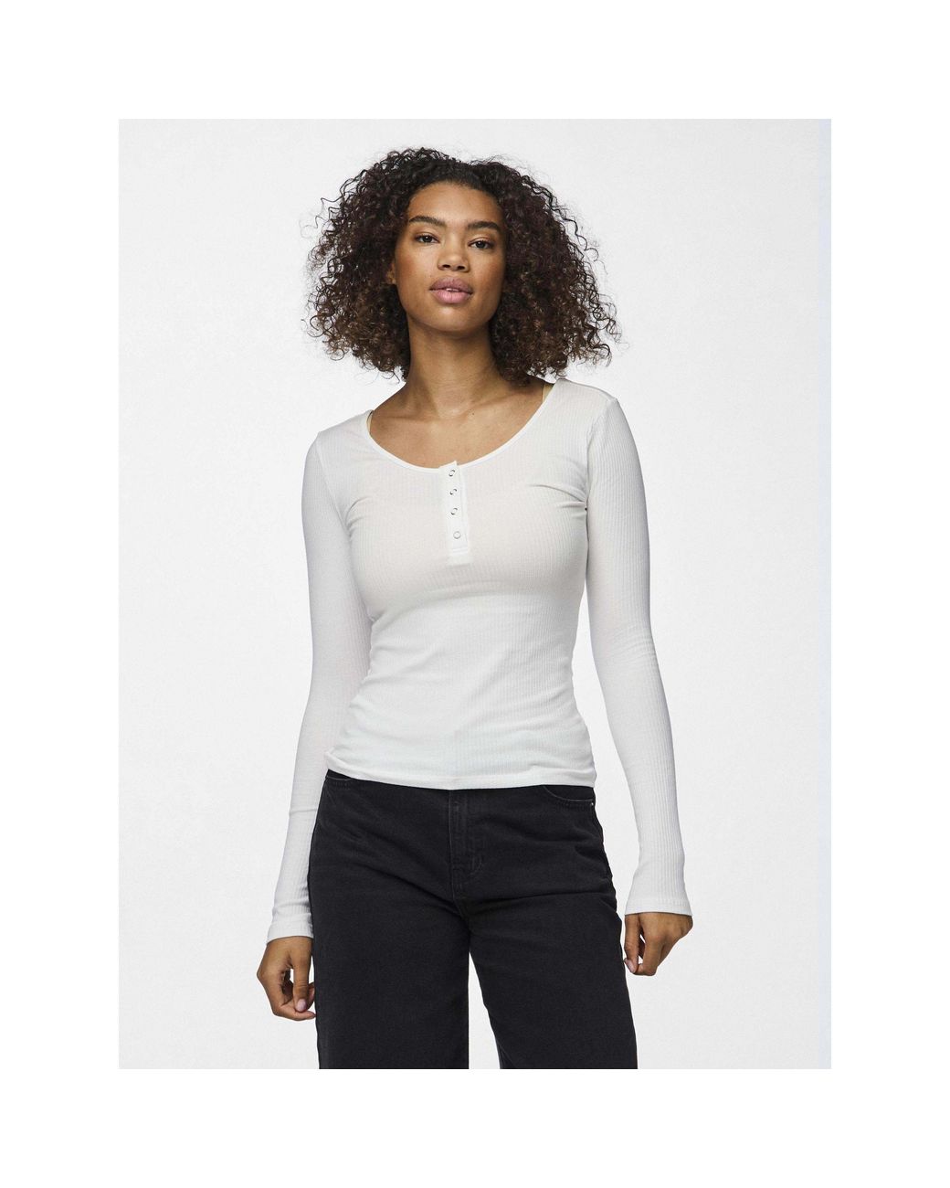Pieces White Kitte Cotton Long-Sleeve Slim-Fit Blouse