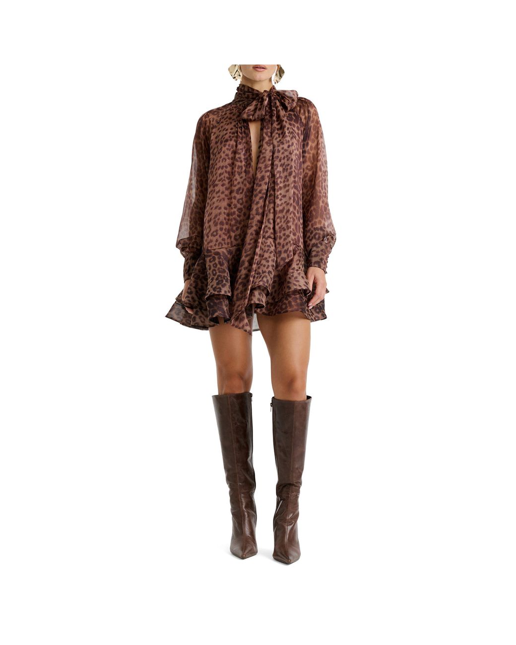 Bardot Brown Adrie Leopard Print Long-Sleeve Lyocell Mini Dress