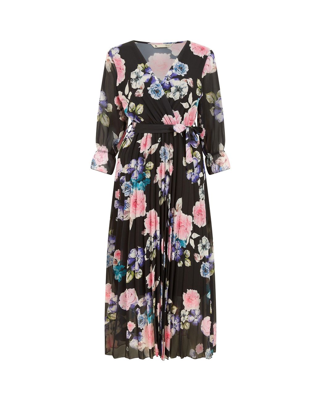 Yumi' Natural Floral Pleated Wrap Midi Dress