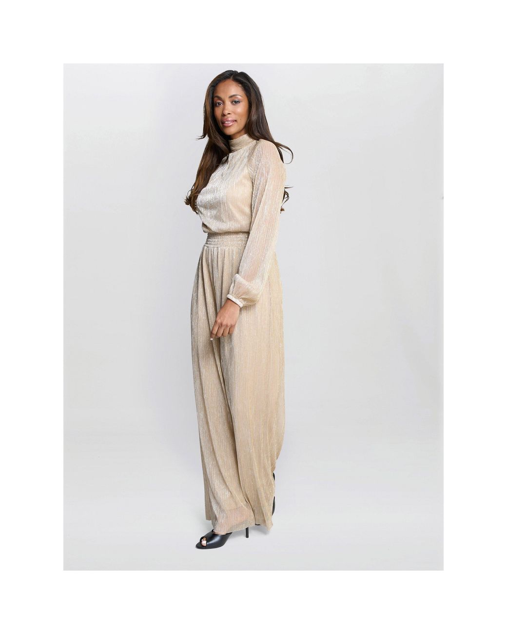 Gina Bacconi Natural Kylie Metallic Knit Jumpsuit