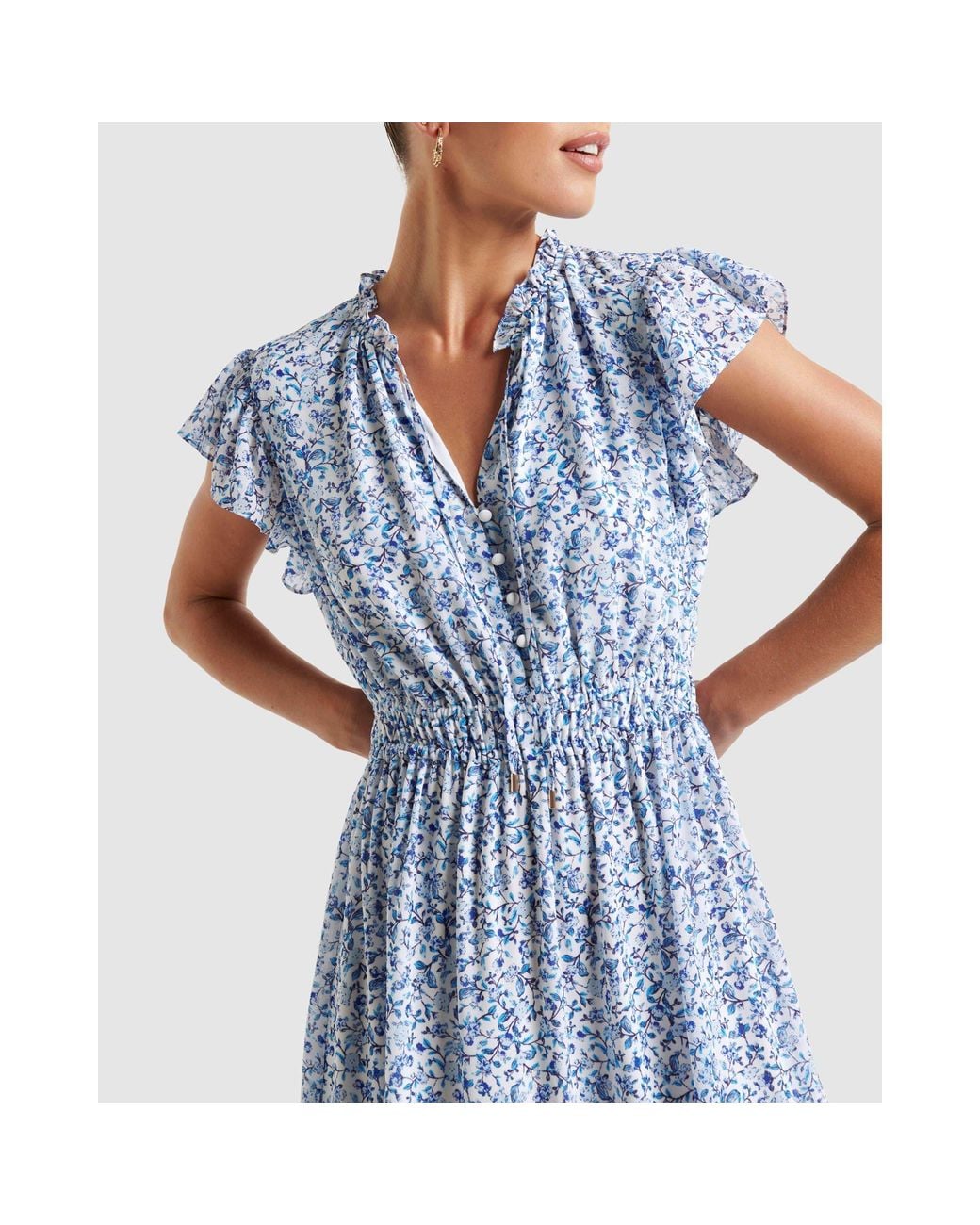 Forever New Blue Fleur Flutter Sleeve Midi Dress