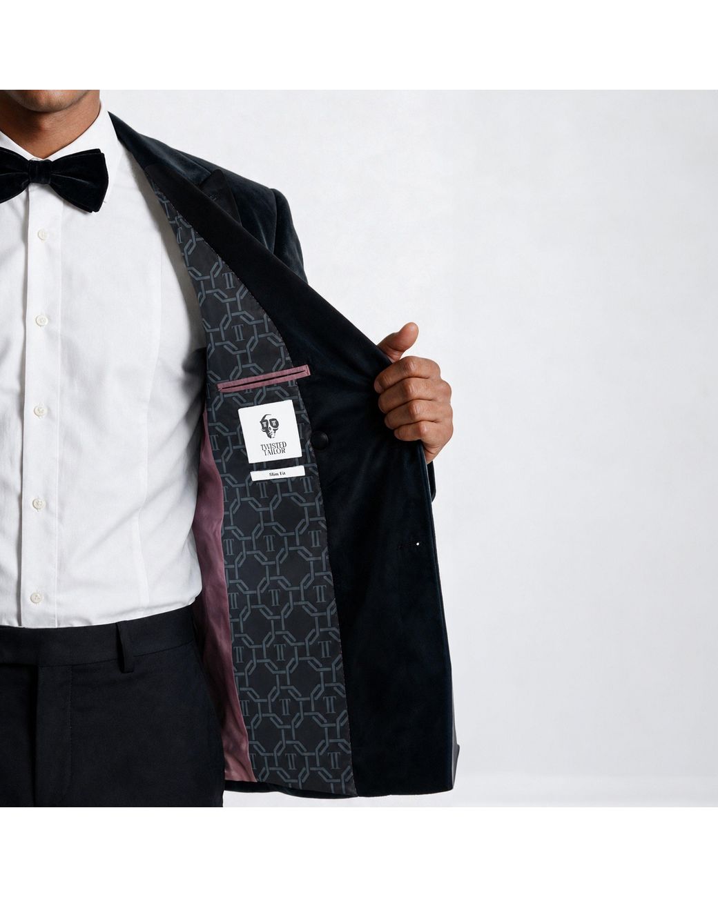 Twisted Tailor Black Stallone Double-Breasted Velvet Slim-Fit Suit Jacket for men